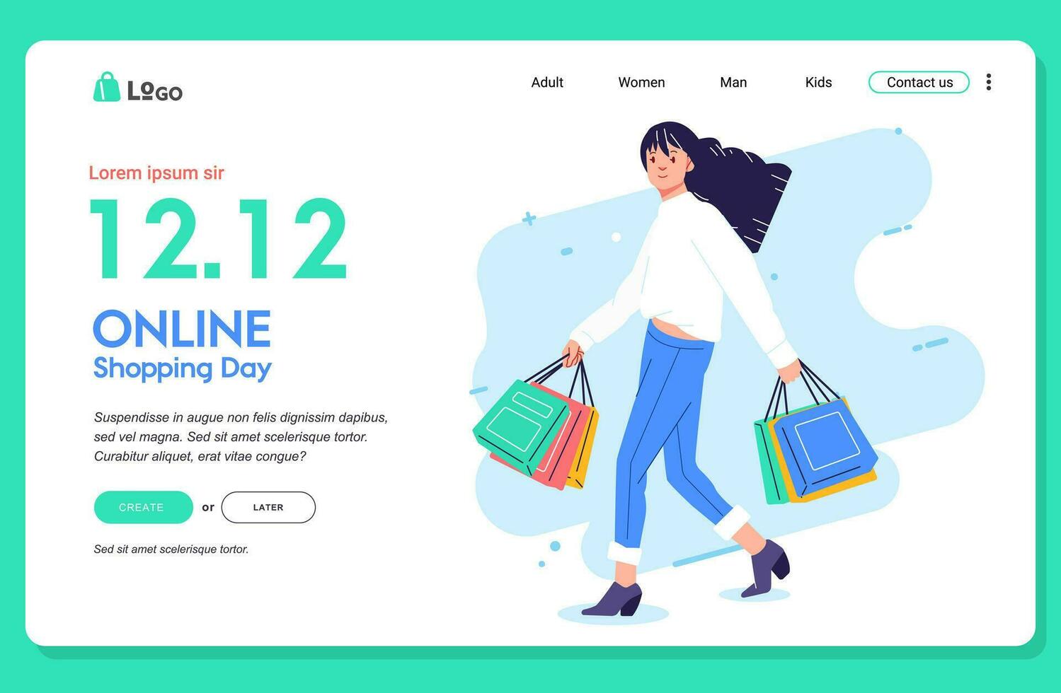 Online shop Young happiness woman carrying shopping bags landing page web template vector