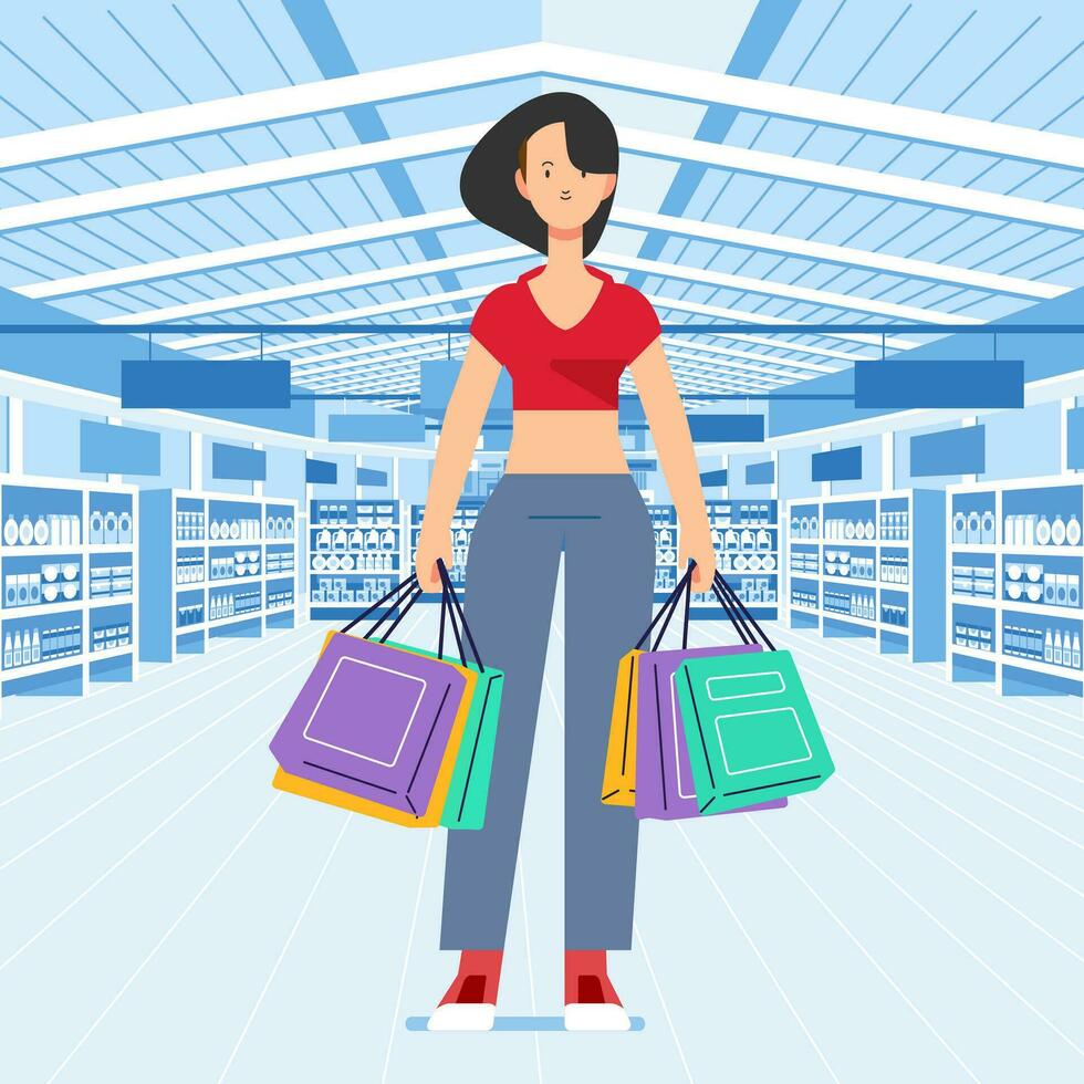 Young happiness joyful shopaholic stylish fashionable woman at retail mall store carrying shopping bags vector