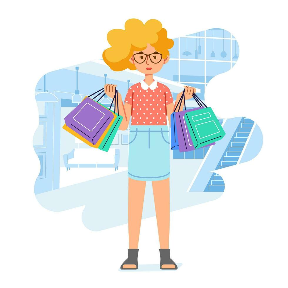 Young happiness joyful shopaholic stylish fashionable woman at retail mall store carrying shopping bags vector