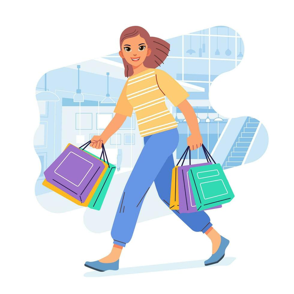 Young happiness joyful shopaholic stylish fashionable woman at retail mall store carrying shopping bags vector