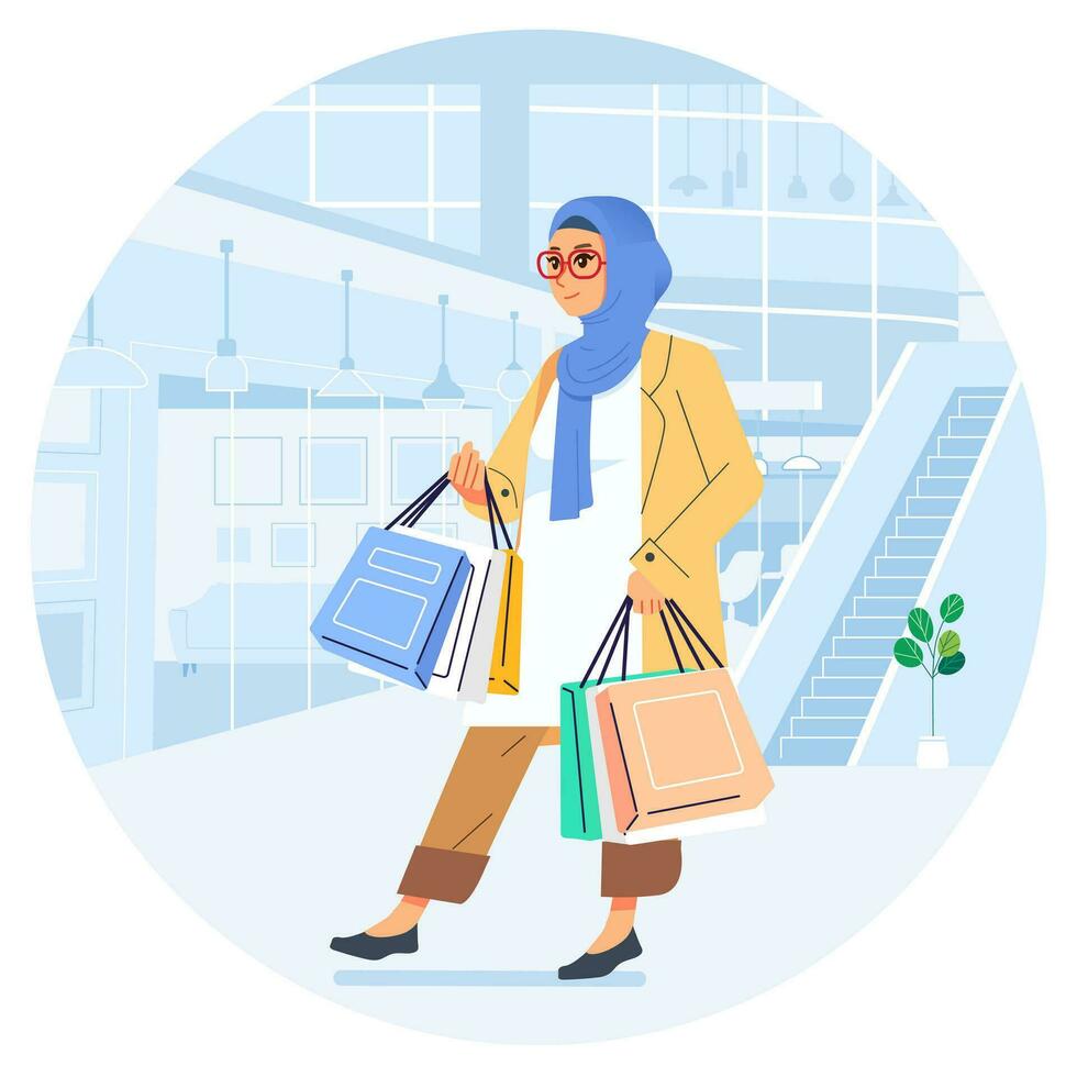 Happiness joyful shopaholic stylish fashionable hijab muslim woman at retail mall store carrying shopping bags vector