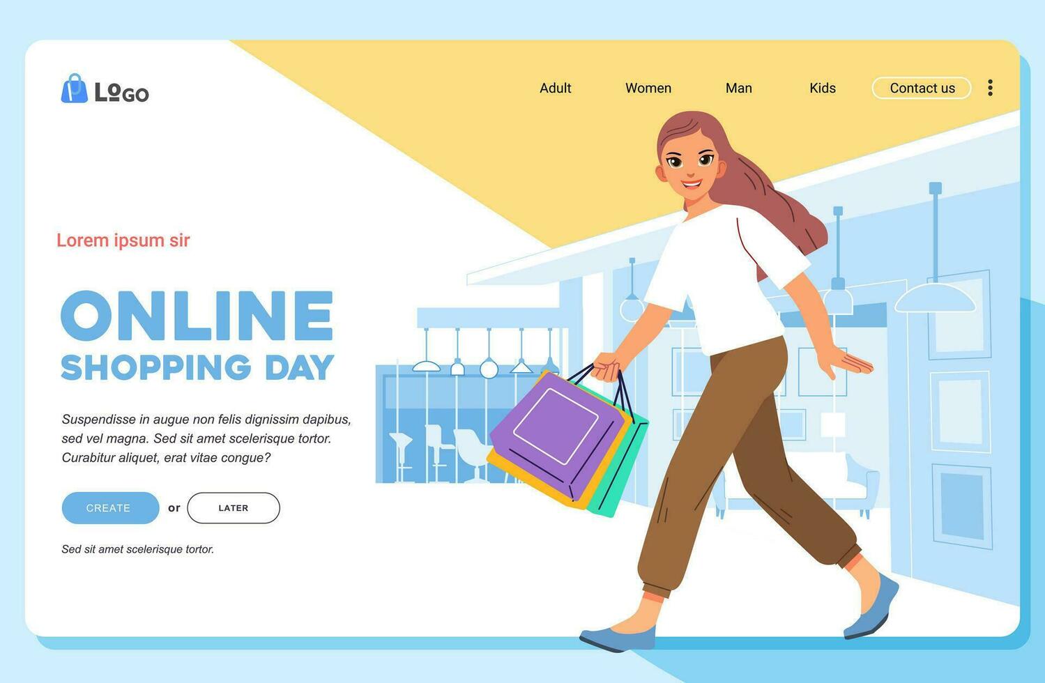 Online shop Young happiness woman carrying shopping bags landing page web template vector