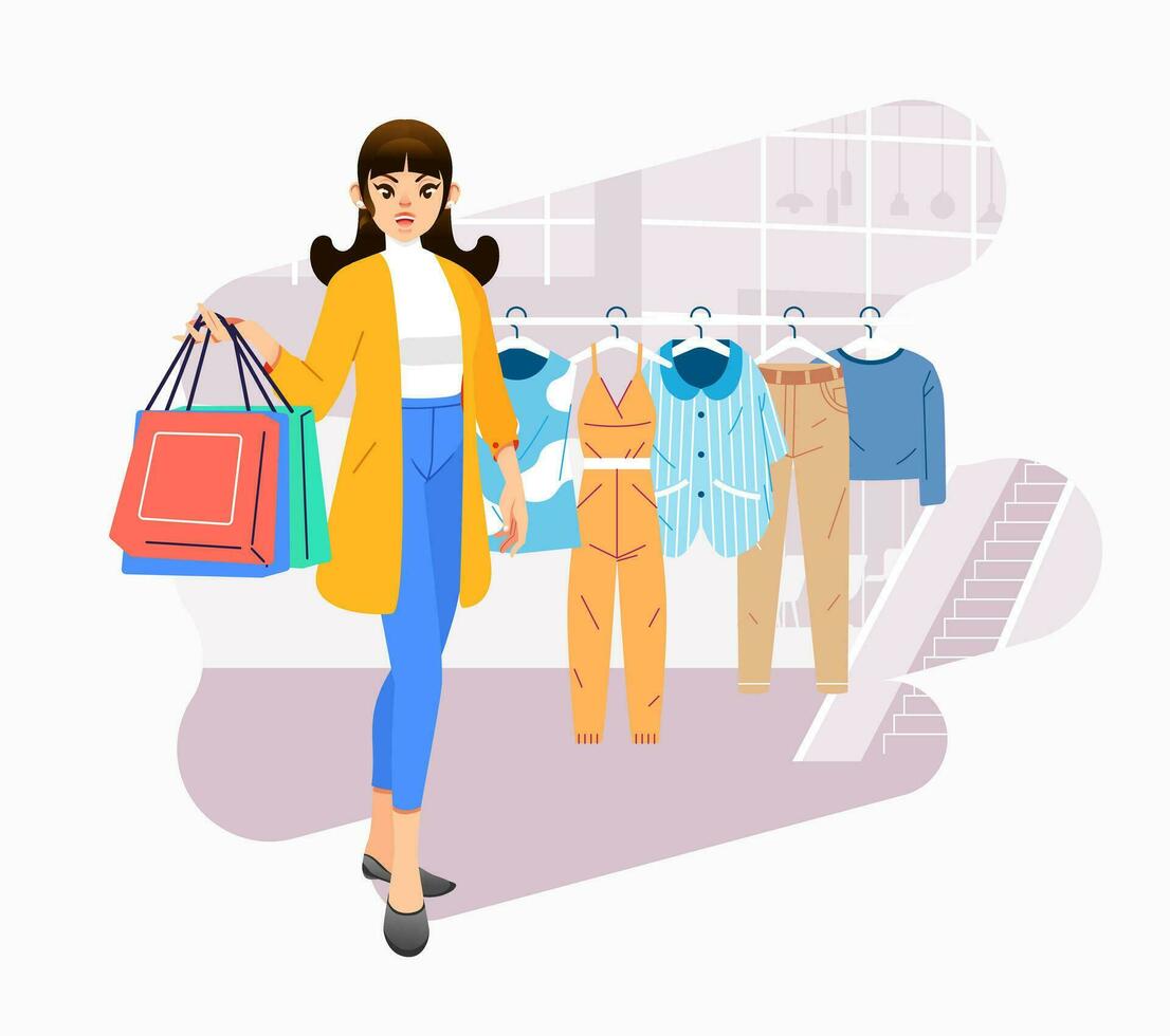 Young happiness joyful shopaholic stylish fashionable woman at retail mall store carrying shopping bags vector