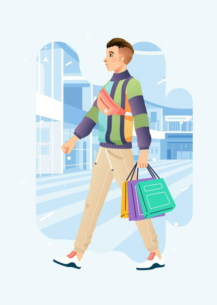 Young happiness joyful shopaholic stylish fashionable man at retail mall store carrying shopping bags vector