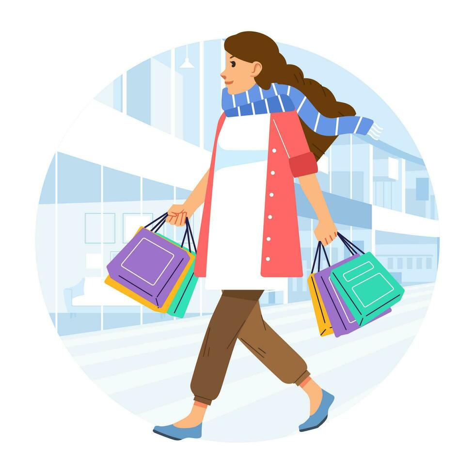 Young happiness joyful shopaholic stylish fashionable woman at retail mall store carrying shopping bags vector