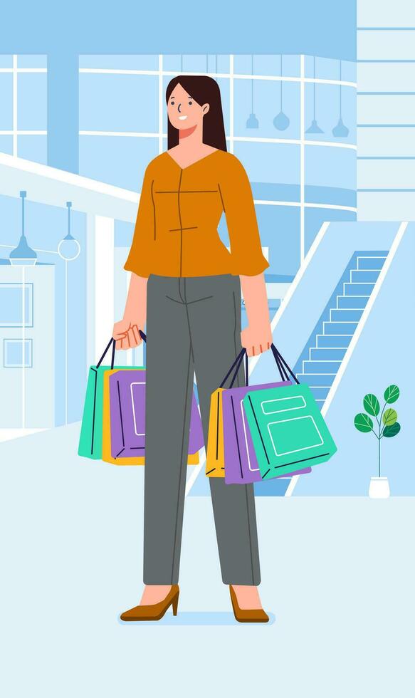 Young happiness joyful shopaholic stylish fashionable woman at retail mall store carrying shopping bags vector