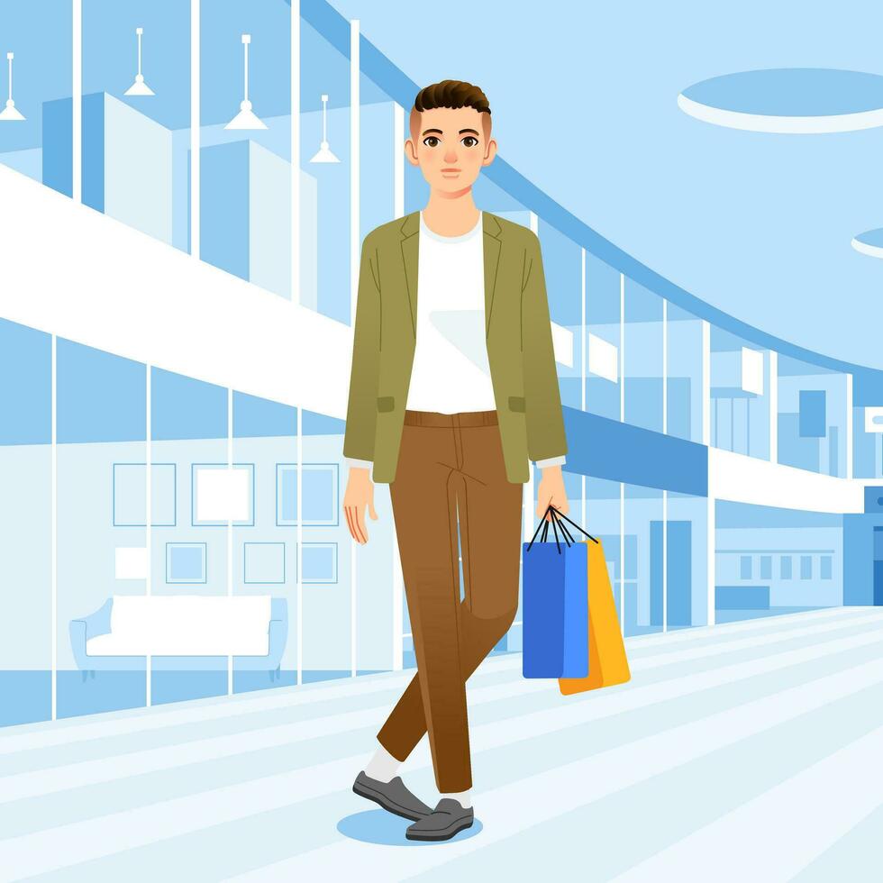 Young happiness joyful shopaholic stylish fashionable man at retail mall store carrying shopping bags vector