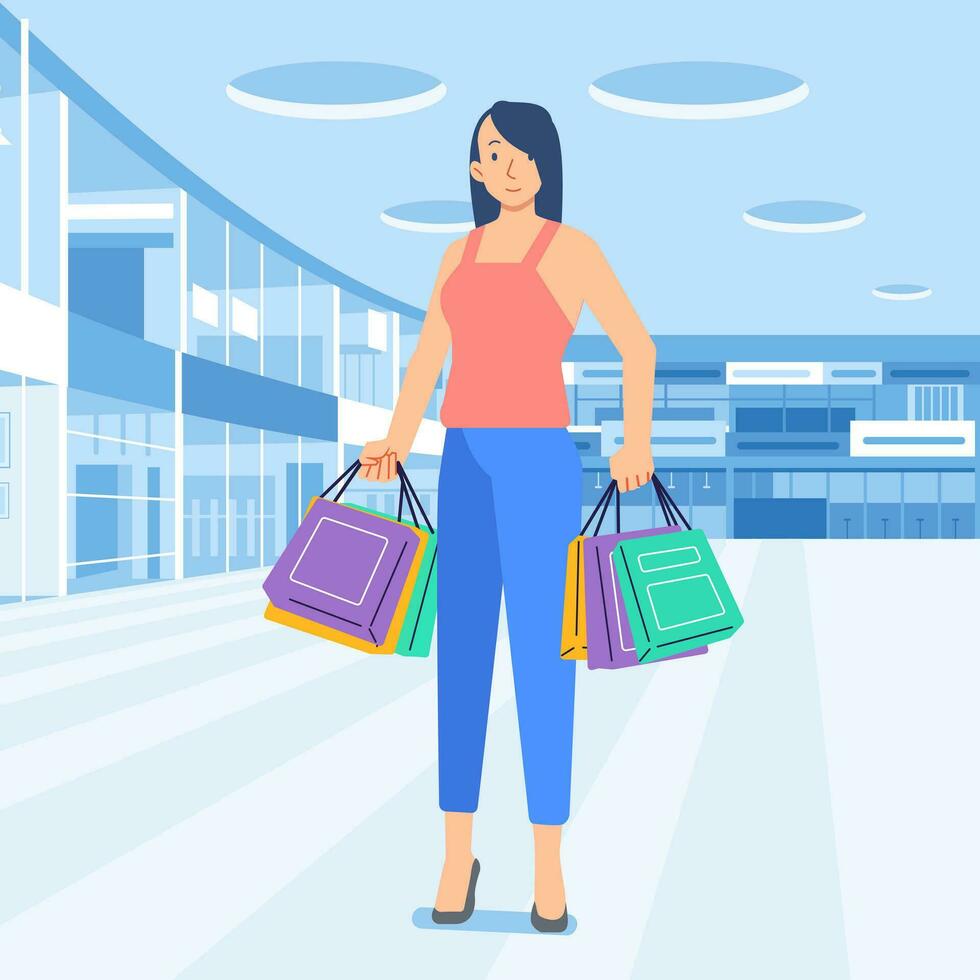 joven felicidad alegre adicto a las compras elegante de moda mujer a Al por menor centro comercial Tienda que lleva compras pantalones vector