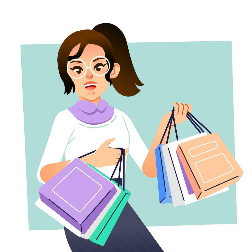 Young happiness joyful shopaholic stylish fashionable woman at retail mall store carrying shopping bags vector