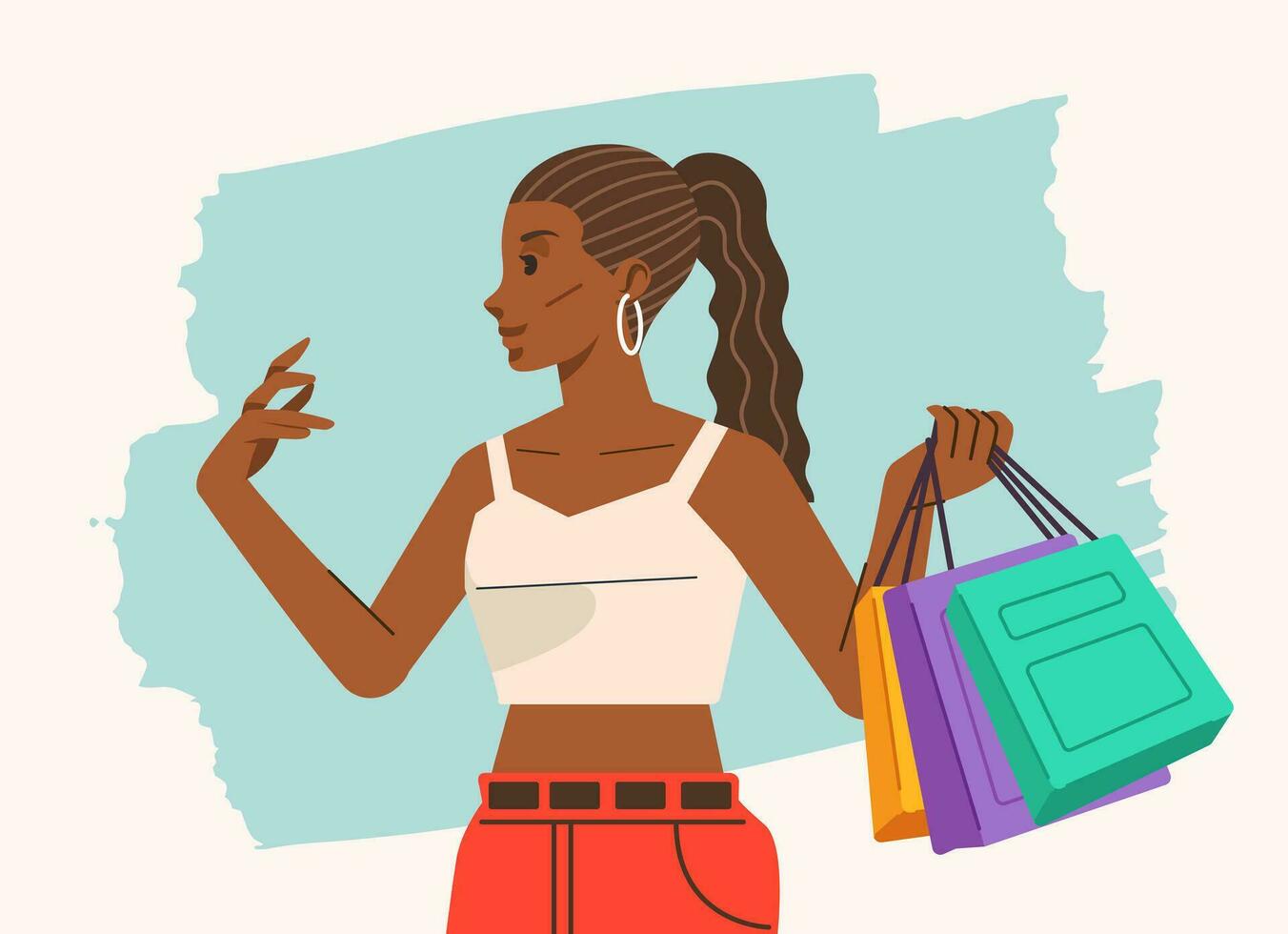 Young happiness joyful shopaholic stylish fashionable woman at retail mall store carrying shopping bags vector