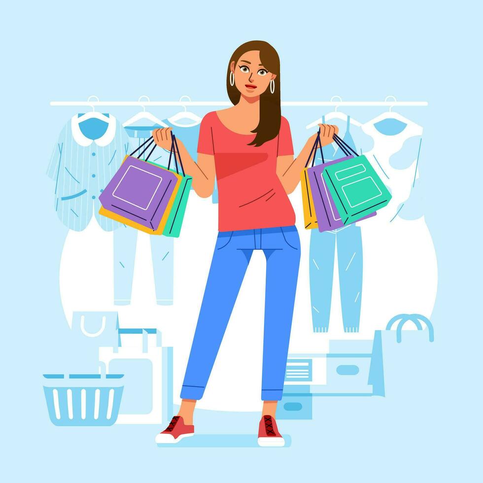 Young happiness joyful shopaholic stylish fashionable woman at retail mall store carrying shopping bags vector