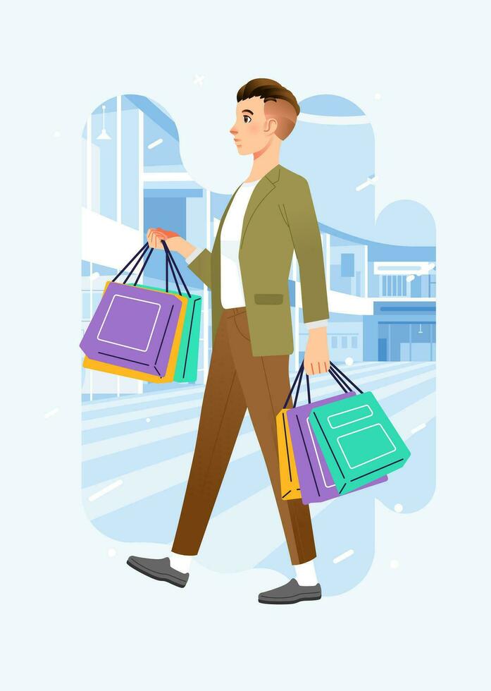 Young happiness joyful shopaholic stylish fashionable man at retail mall store carrying shopping bags vector