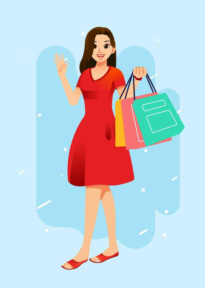 Young happiness joyful shopaholic stylish fashionable woman at retail mall store carrying shopping bags vector