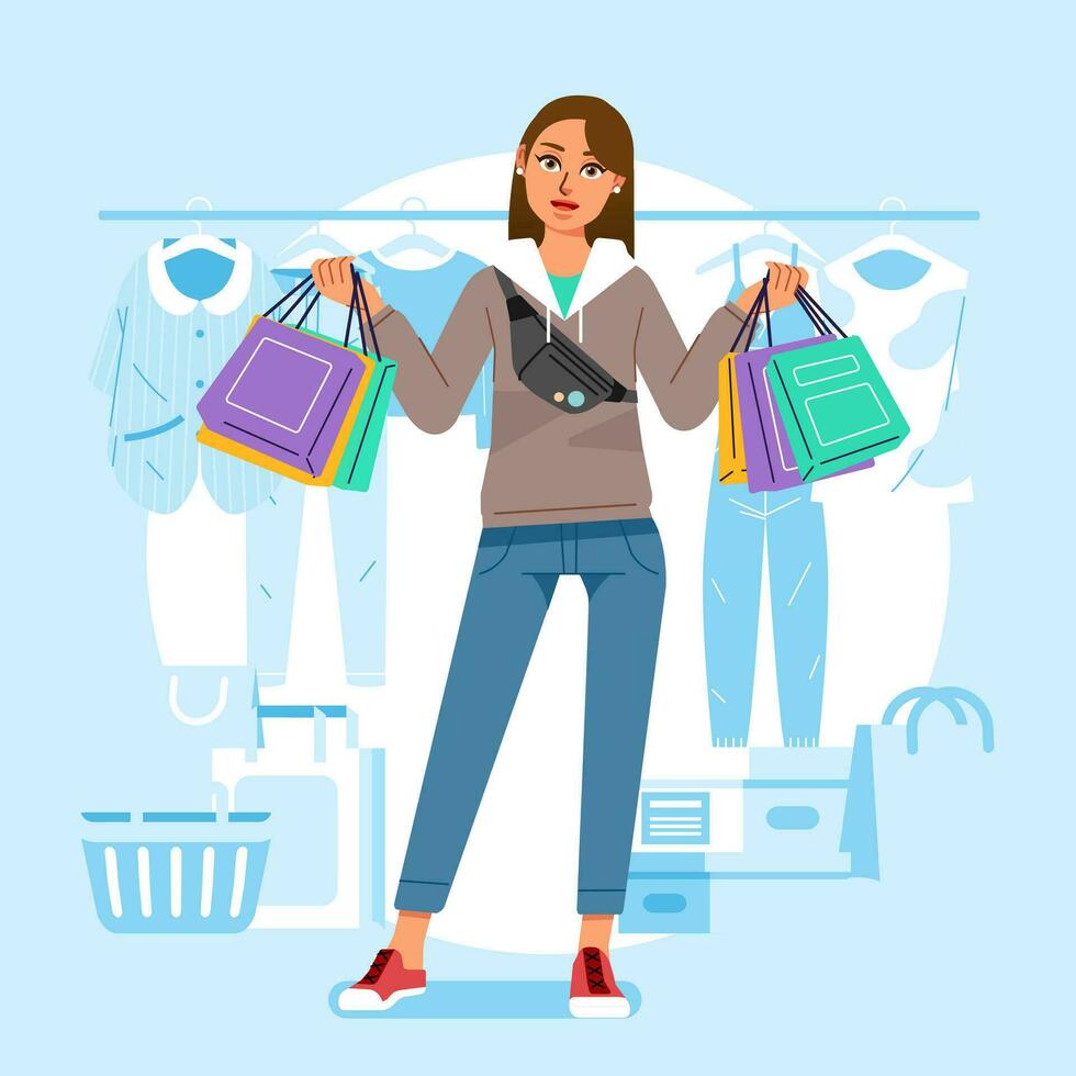 Young happiness joyful shopaholic stylish fashionable woman at retail mall store carrying shopping bags vector