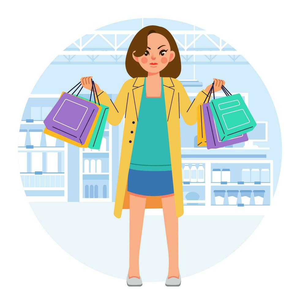 Young happiness joyful shopaholic stylish fashionable woman at retail mall store carrying shopping bags vector