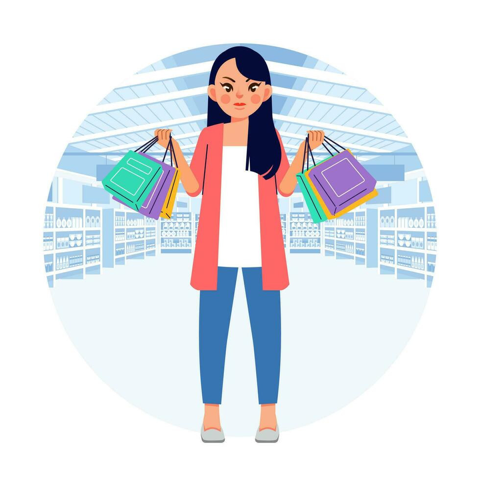 Young happiness joyful shopaholic stylish fashionable woman at retail mall store carrying shopping bags vector