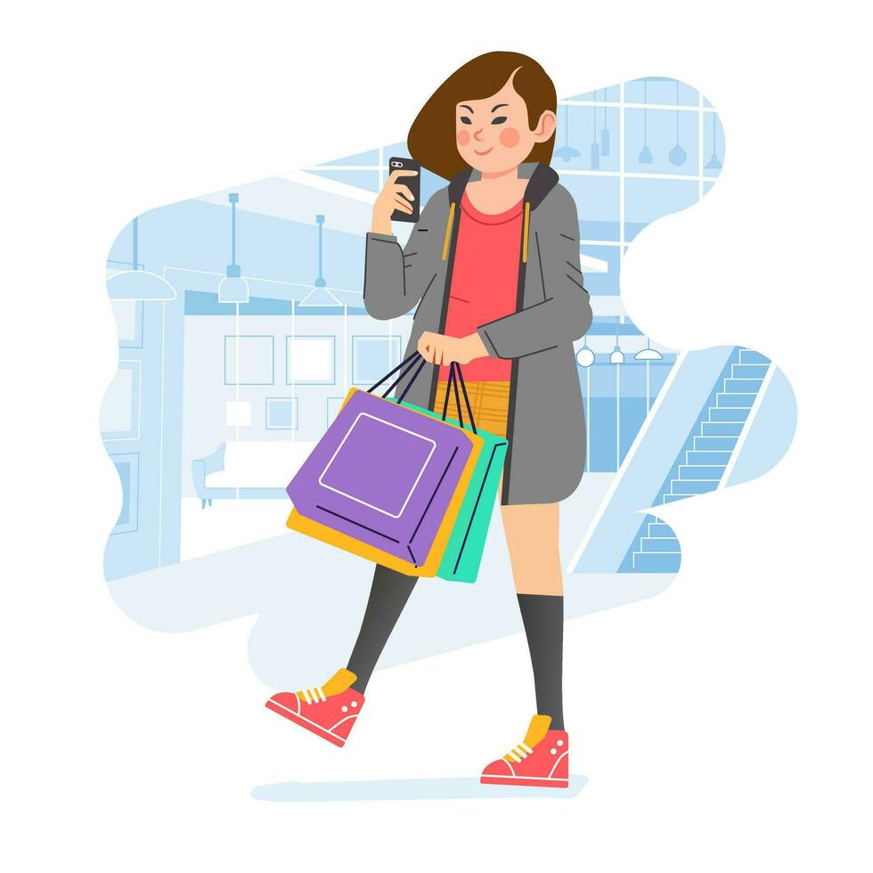 Young happiness joyful shopaholic stylish fashionable woman at retail mall store carrying shopping bags vector