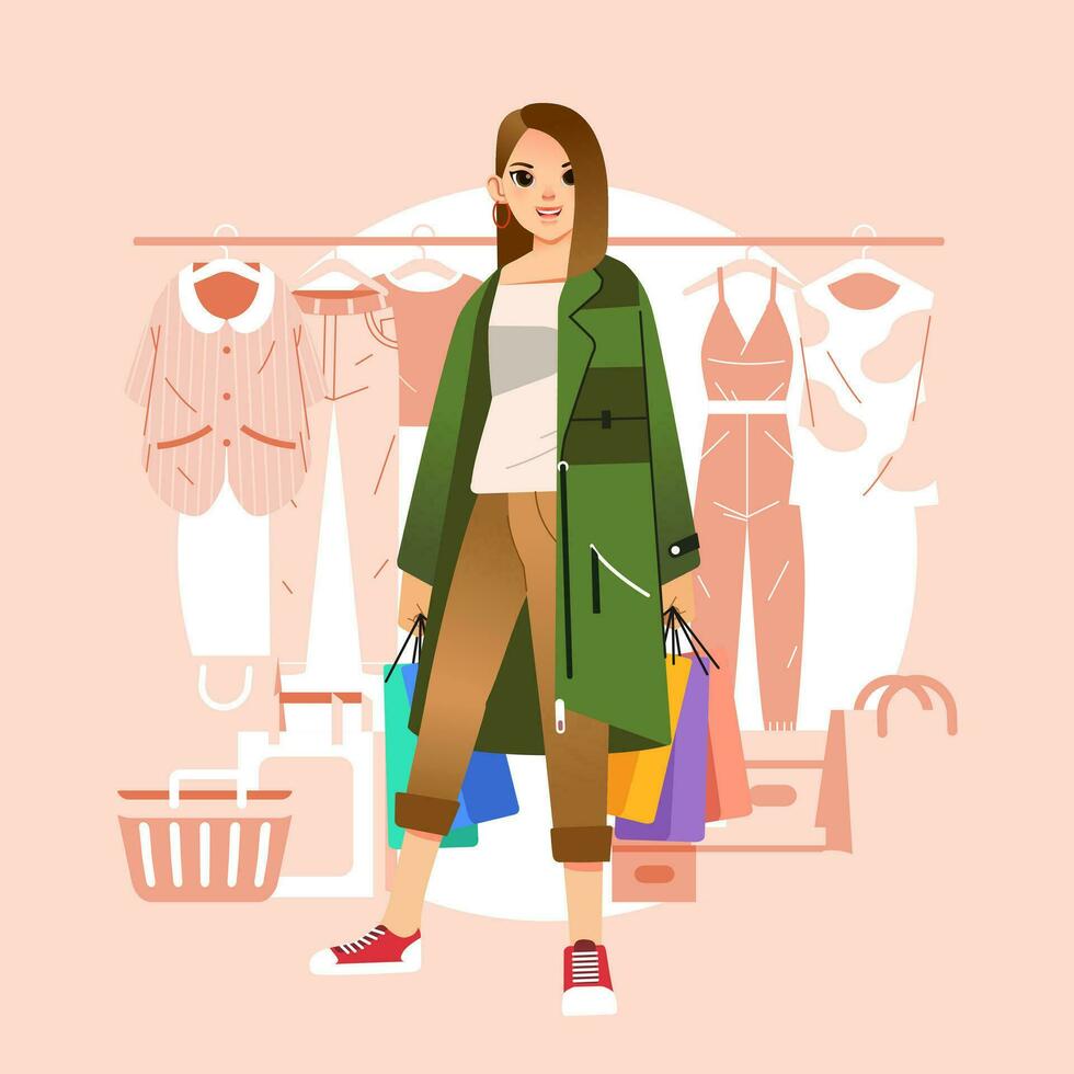 Young happiness joyful shopaholic stylish fashionable woman at retail mall store carrying shopping bags vector