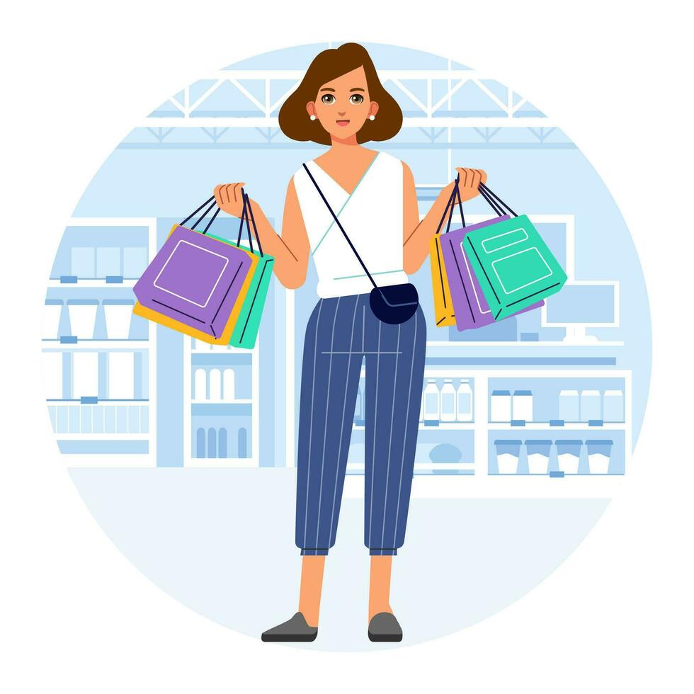 Young happiness joyful shopaholic stylish fashionable woman at retail mall store carrying shopping bags vector