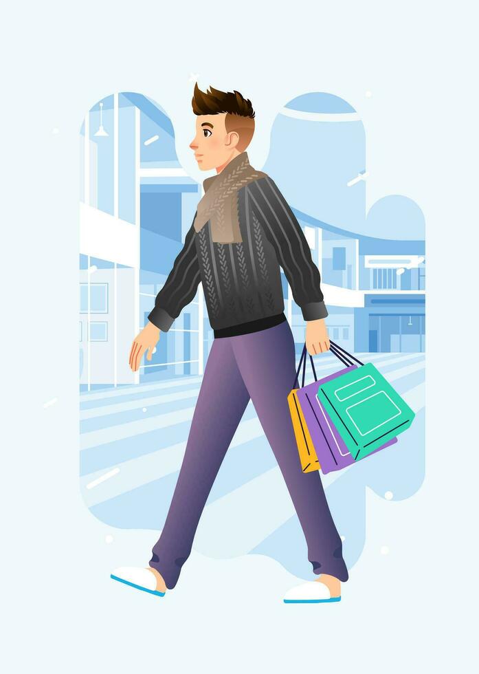 Young happiness joyful shopaholic stylish fashionable man at retail mall store carrying shopping bags vector