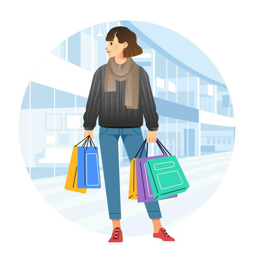 Young happiness joyful shopaholic stylish fashionable woman at retail mall store carrying shopping bags vector