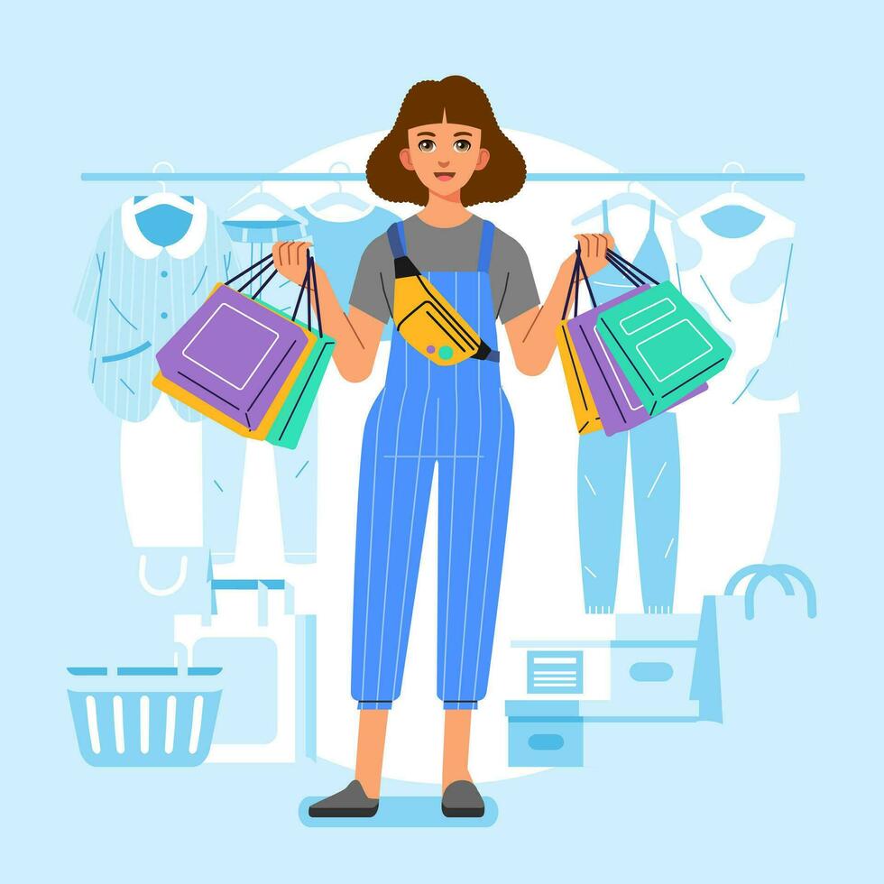 Young happiness joyful shopaholic stylish fashionable woman at retail mall store carrying shopping bags vector