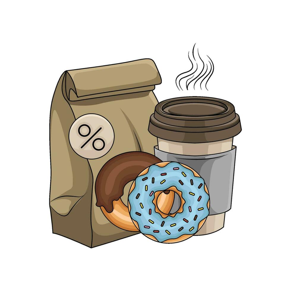 packaging, donut with cup coffee drink illustration vector