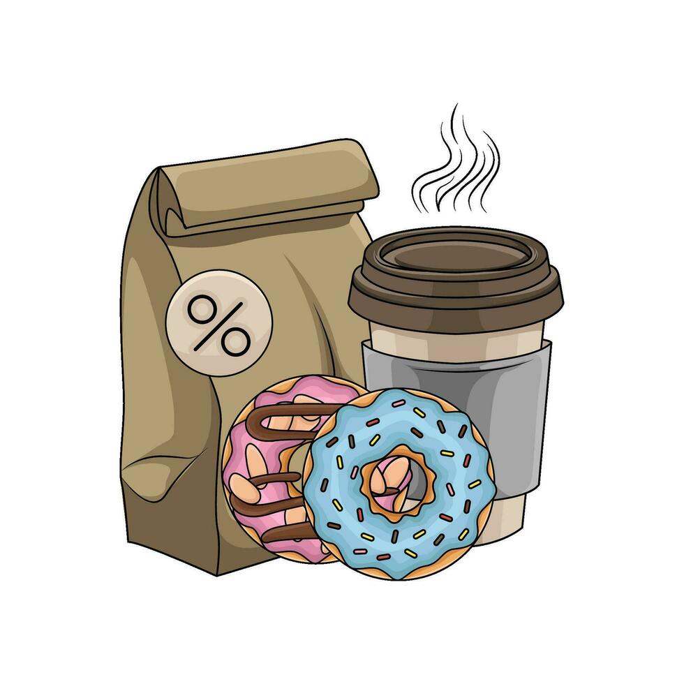 packaging, donut with cup coffee drink illustration vector