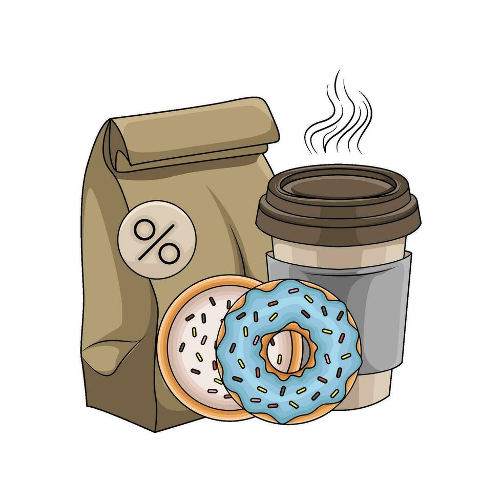 packaging, donut with cup coffee drink illustration vector