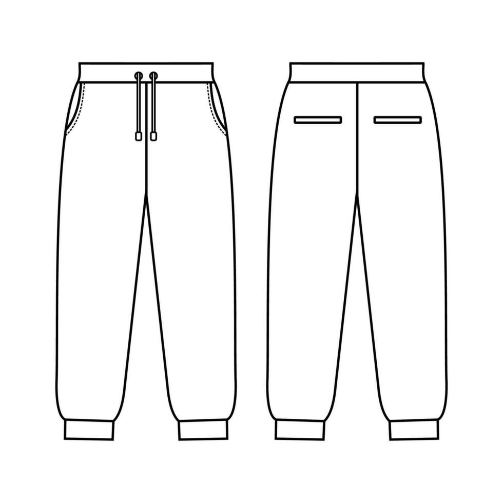 Loose fit joggers. Sweat jogger pants with an elasticated drawstring waist in a relaxed style. Men's casual wear. Vector technical sketch. Mockup template.