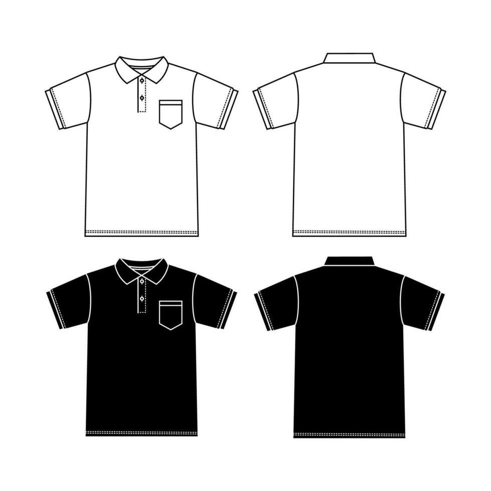 Men's polo collar T Shirt flat sketch fashion illustration drawing template mock up with front and back view. vector