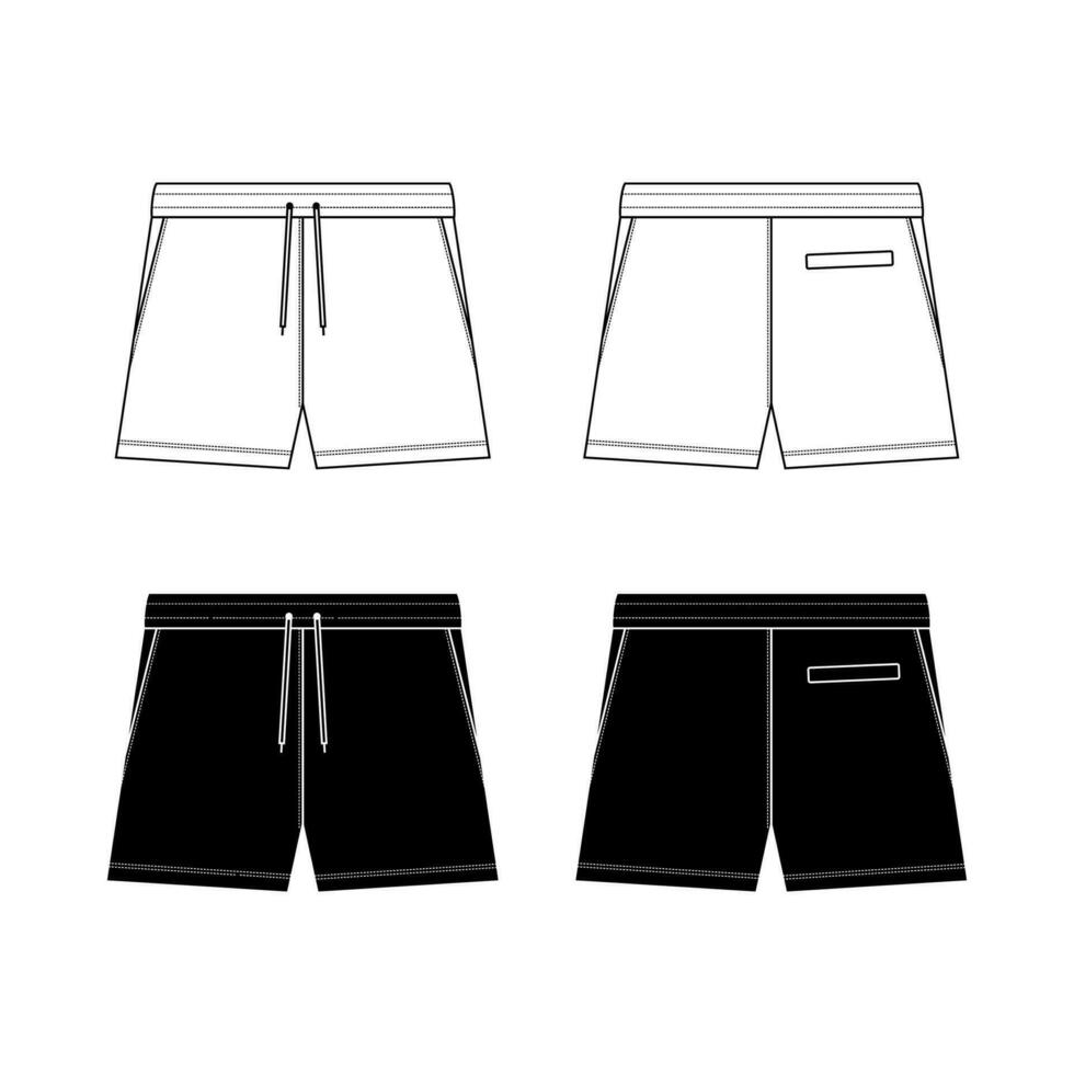 Unisex sweat Shorts technical fashion illustration. Short Pants fashion flat template, elastic waist, front and back, white colour. Sportswear unisex CAD mock-up. vector