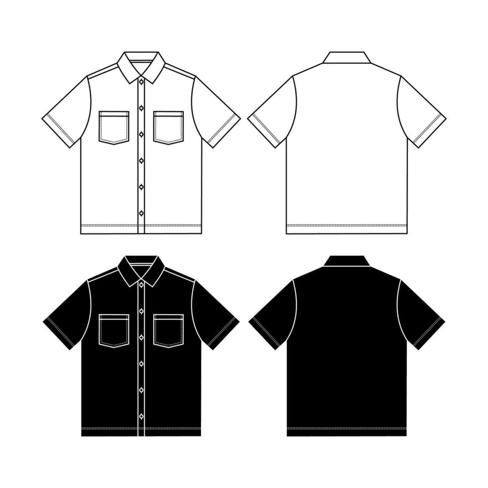 Short sleeve work shirt with patch pocket, roll up sleeve and shirt collar. Digital flat sketch back and front. vector