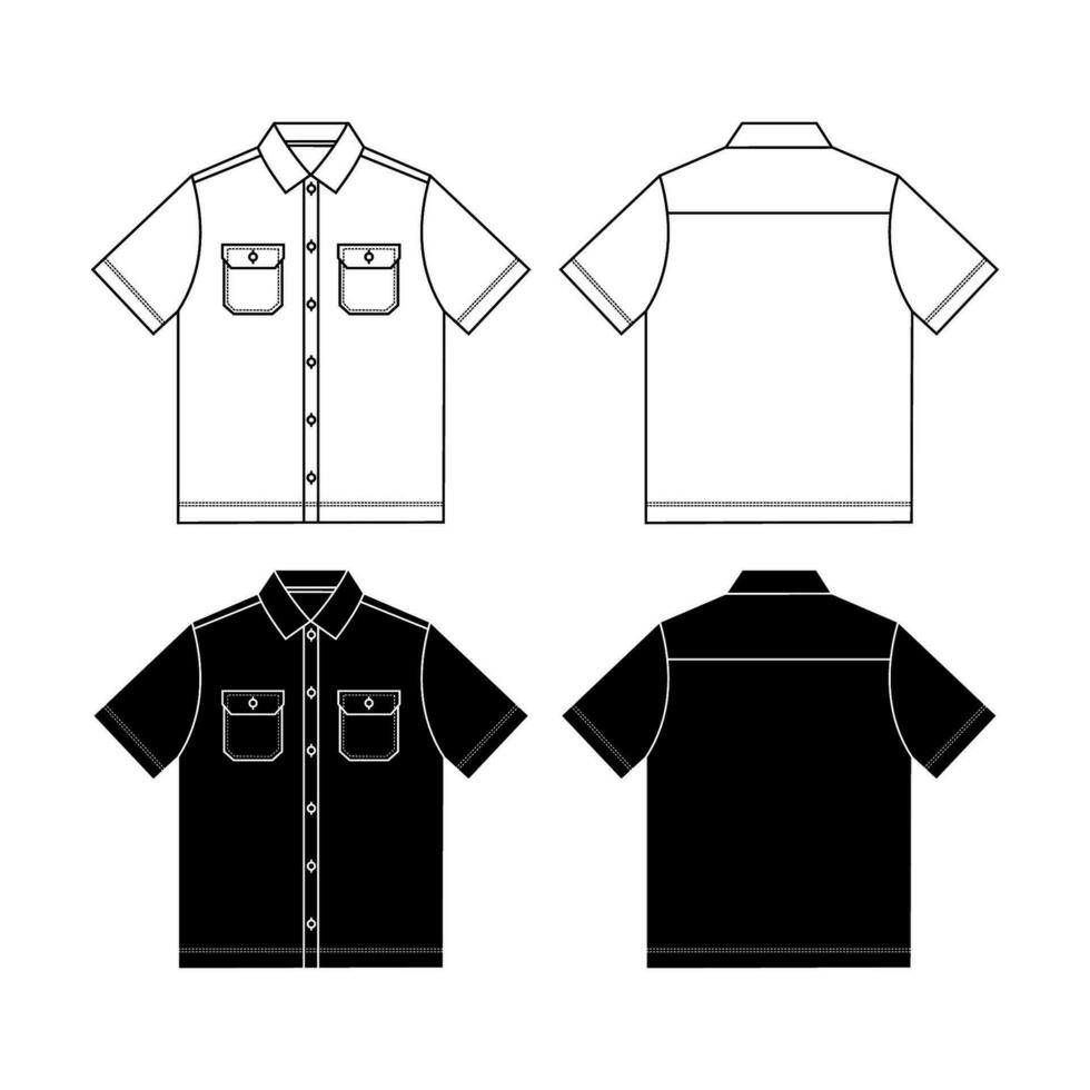 Short sleeve work shirt with patch pocket, roll up sleeve and shirt collar. Digital flat sketch back and front. vector