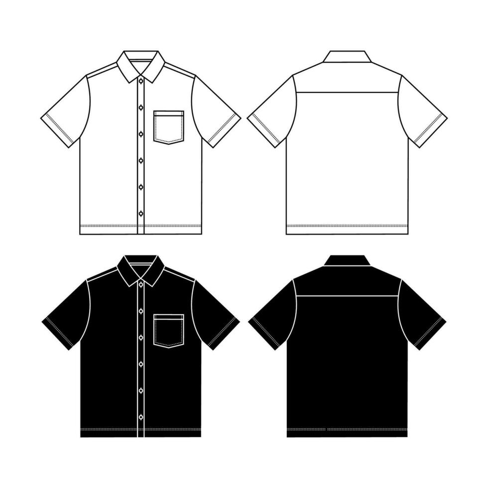 Short sleeve work shirt with patch pocket, roll up sleeve and shirt collar. Digital flat sketch back and front. vector