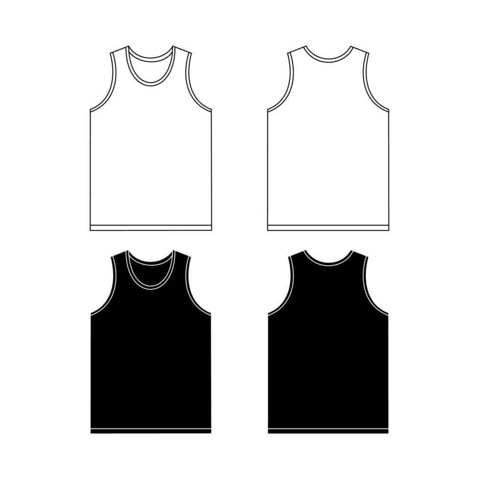 Vector illustration of sports jersey front and back. Sleeveless T-shirt template with a round neck. Outline sketch of a sports jersey in white, black colors.