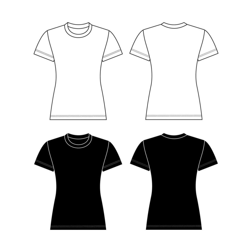 Vector short sleeved T-Shirt fashion CAD, woman round, square and V neck top technical drawing, template, flat, sketch. Jersey or woven fabric 4 pieces set t-shirt with front, back view, white color