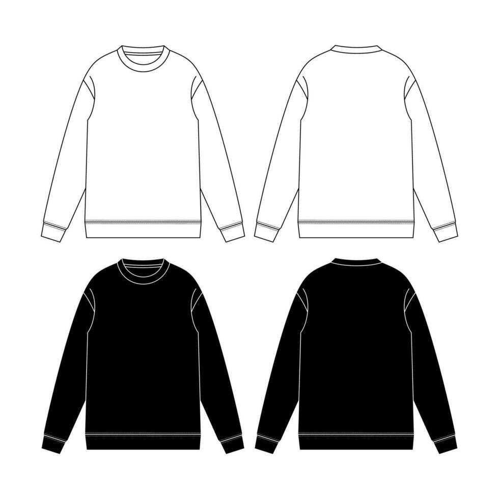 Men's long sleeve Crew neck T Shirt flat sketch fashion illustration drawing template mock up with front and back view vector