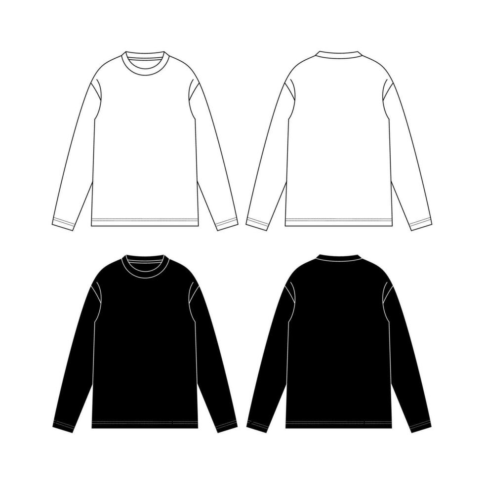 Long Sleeve Shirt fashion flat tehnical drawing template. Unisex T-Shirt fashion template, crew neck, long sleeve, front and back view, white colour, women, men, CAD mockup. vector