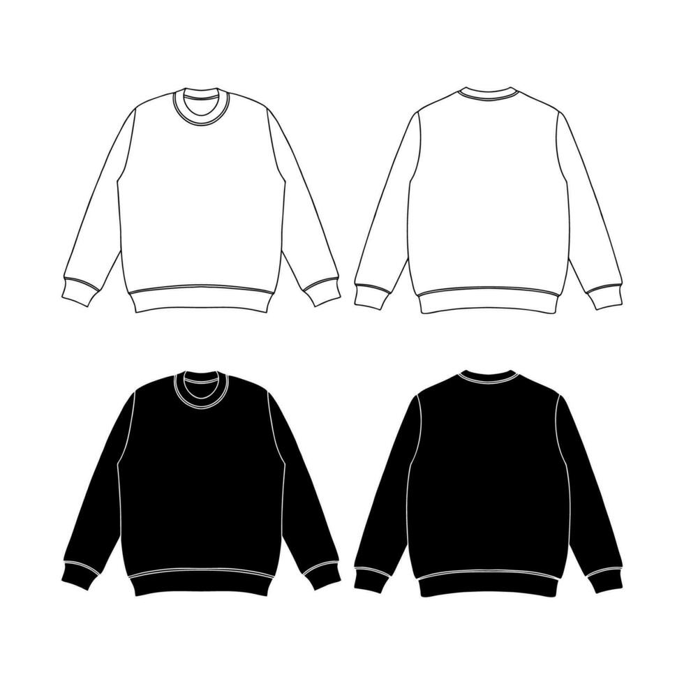 Men's long sleeve Crew neck T Shirt flat sketch fashion illustration drawing template mock up with front and back view vector