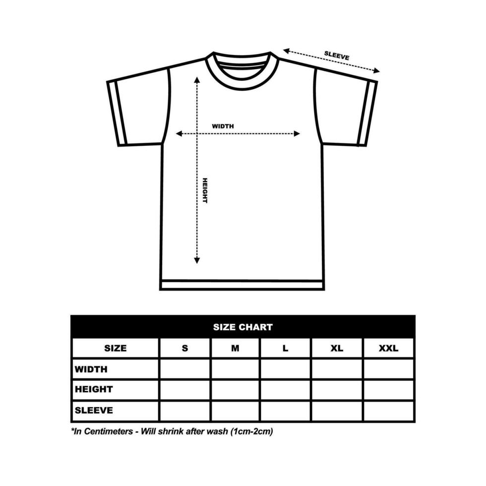 T-shirts size guide of unisex short sleeve sizing chart Table size Front and back views Vector illustration.