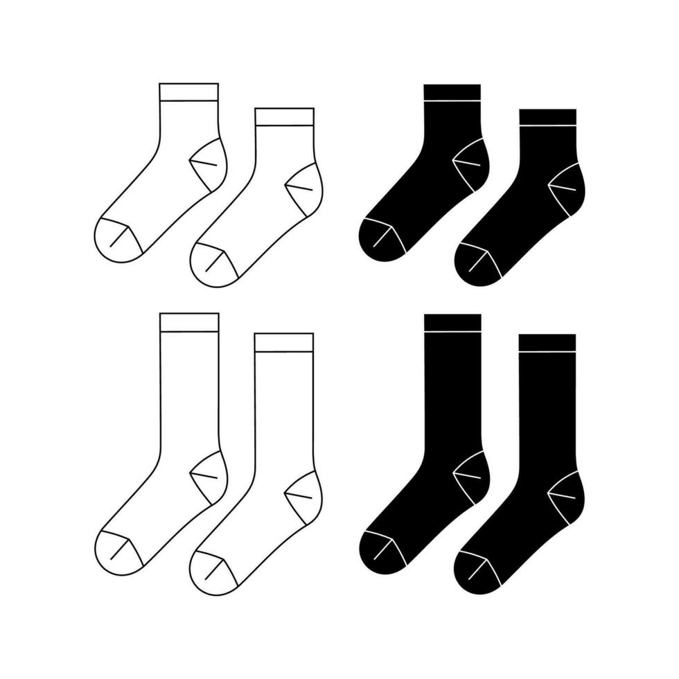 Set of Mid Calf length Socks flat sketch fashion illustration drawing template mock up, Calf length socks cad drawing for unisex men's and women's, Quarter crew socks design drawing vector