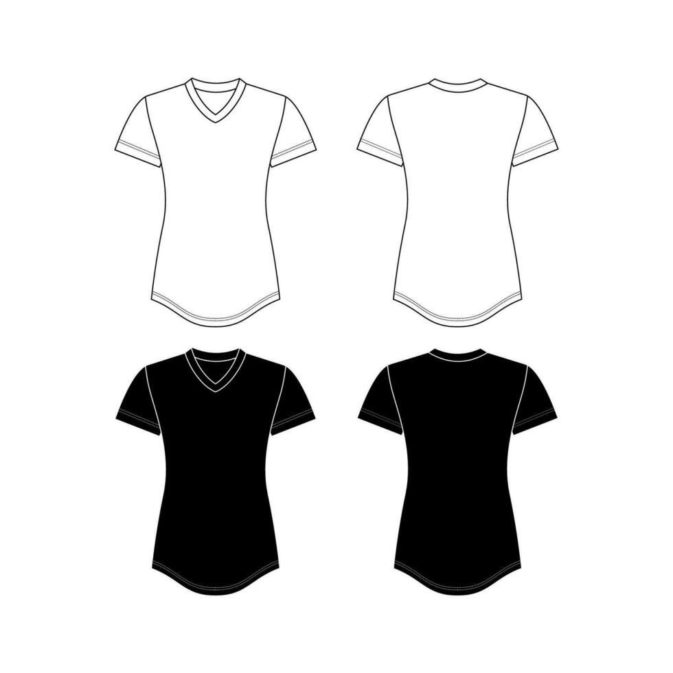Vector short sleeved T-Shirt fashion CAD, woman round, square and V neck top technical drawing, template, flat, sketch. Jersey or woven fabric 4 pieces set t-shirt with front, back view, white color