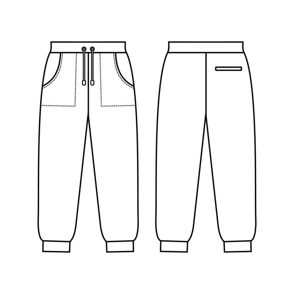 Loose fit joggers. Sweat jogger pants with an elasticated drawstring waist in a relaxed style. Men's casual wear. Vector technical sketch. Mockup template.