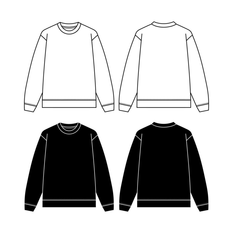 Men's long sleeve Crew neck T Shirt flat sketch fashion illustration drawing template mock up with front and back view vector