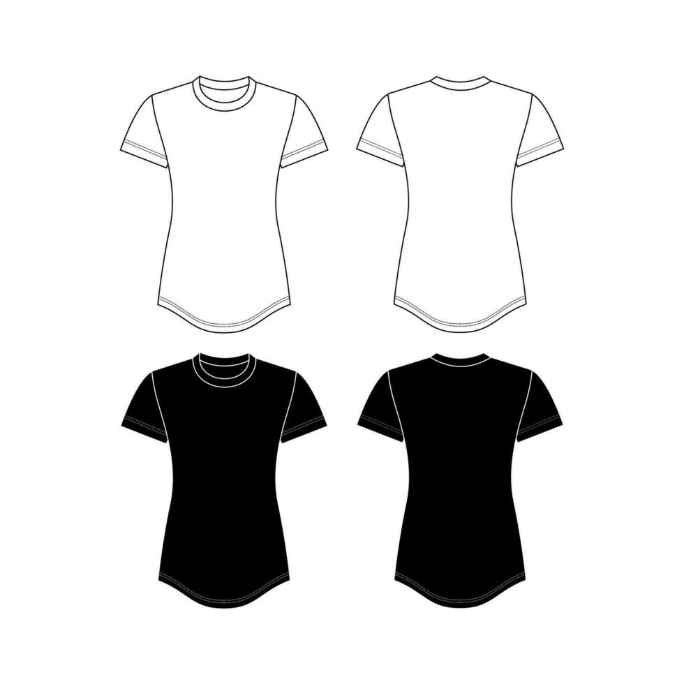 Vector short sleeved T-Shirt fashion CAD, woman round, square and V neck top technical drawing, template, flat, sketch. Jersey or woven fabric 4 pieces set t-shirt with front, back view, white color