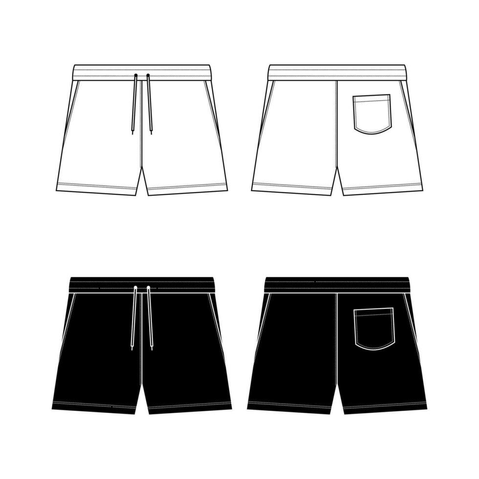 Unisex sweat Shorts technical fashion illustration. Short Pants fashion flat template, elastic waist, front and back, white colour. Sportswear unisex CAD mock-up. vector