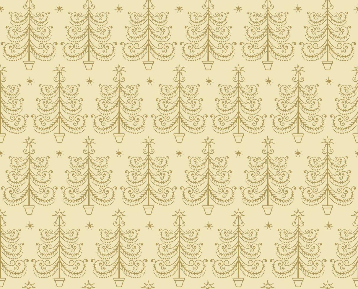 Seamless Gold Christmas Tree With Star On Beige Background vector