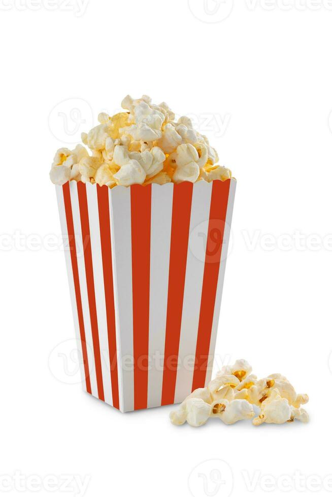 Red white striped carton bucket with tasty cheese popcorn, isolated on white background photo