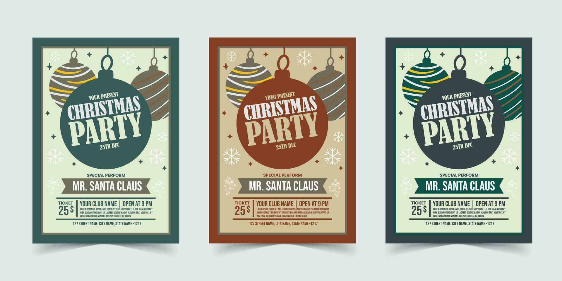 Merry Christmas party Flyer Template Poster Design, holiday covers. Xmas templates with typography and multicolor in modern minimalist style for web, social media and print design vector